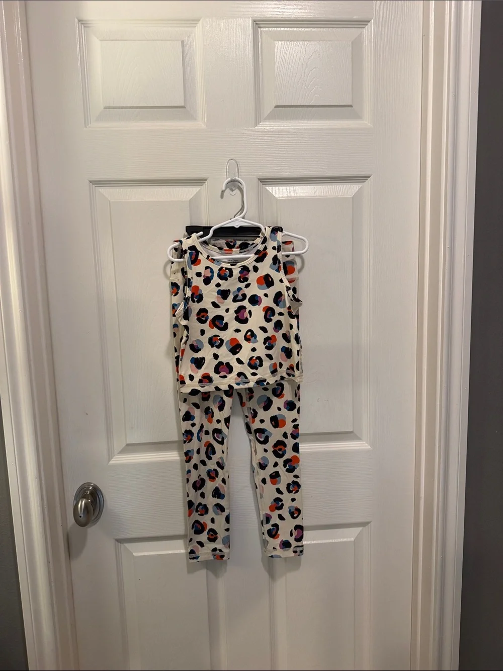 Fabletics Cream Leopard Print Kids Matching Set with Pink, Blue, Orange Accents